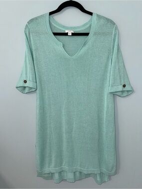 J. Jill Women's Linen Blend Aqua Seafoam Tunic Knit Sweater Lagenlook Size M